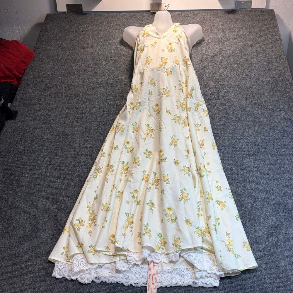 Yellow Floral Halter Maxi Dress Lace Trim Smocked Back Cottagecore Size Small